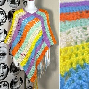 Y2k Era Vintage Bright Multicolor Striped Crochet Poncho w/ Tassels, Sz L
